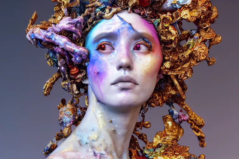 Image similar to Cinestill of A heartbreaking realistic 8k Bernini Sculpture of a stunning intricate cracked multicolored milky cosmic marble Evangelion Fallen Angel Devil Queen adorned in sentient mycelium mystical jewelry and ancient Empress crown and misty xparticles. by Yoshitaka Amano, Daytoner, Greg Tocchini, Scattered golden flakes, Hyperrealism. Subsurface scattering. Octane Render. Weirdcore, perfect face