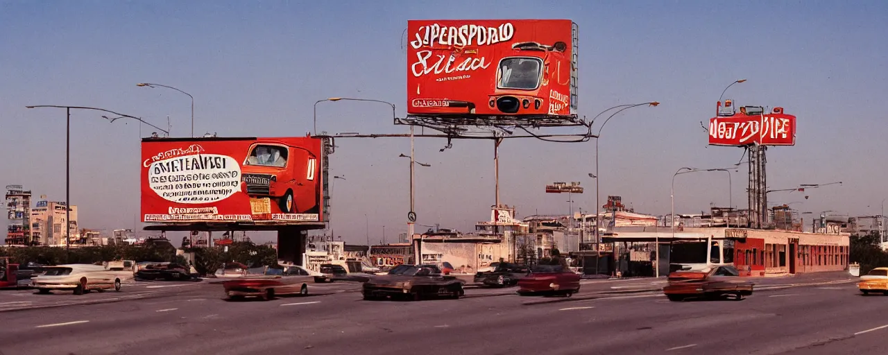 Prompt: spaghetti billboard advertisement, highway, sunset, canon 2 0 mm, kodachrome, in the style of wes anderson