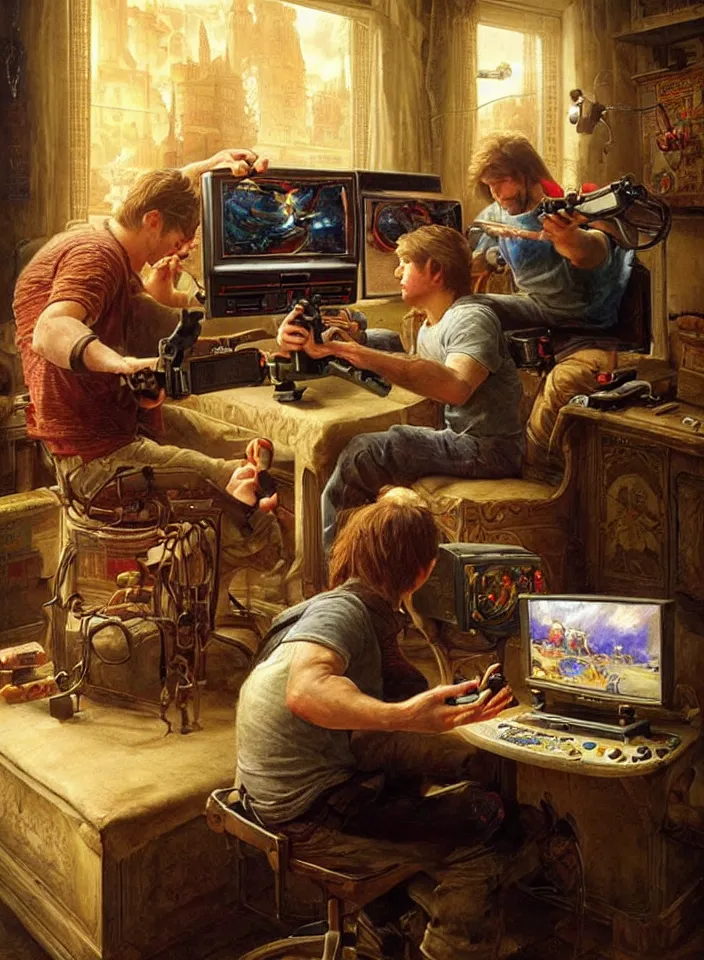 Prompt: Men playing video games on CRT television using Atari joysticks. Painting by Sophie Anderson. Intricate details. hyper realism. Masterpiece.
