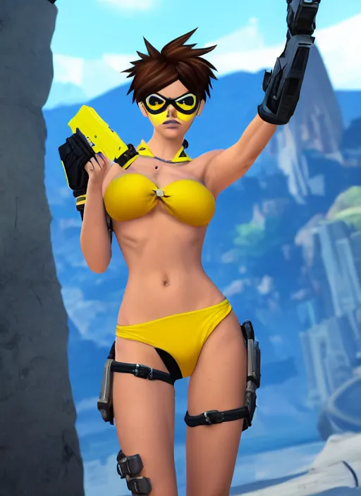 prompthunt: tracer game character, in yellow bikini, blonde hair