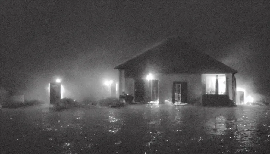 Image similar to mini dv camera found footage of a heavy burning french style little house by night, rain, foggy, in a small northern french village, by sony mini dv camera, heavy grain, low quality, high detail, dramatic light, anamorphic, flares