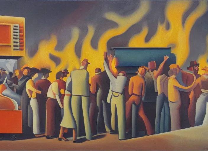 Prompt: a painting of people standing around a burning dumpster, an art deco painting by thomas hart benton, cg society, american scene painting, dystopian art, constructivism, academic art