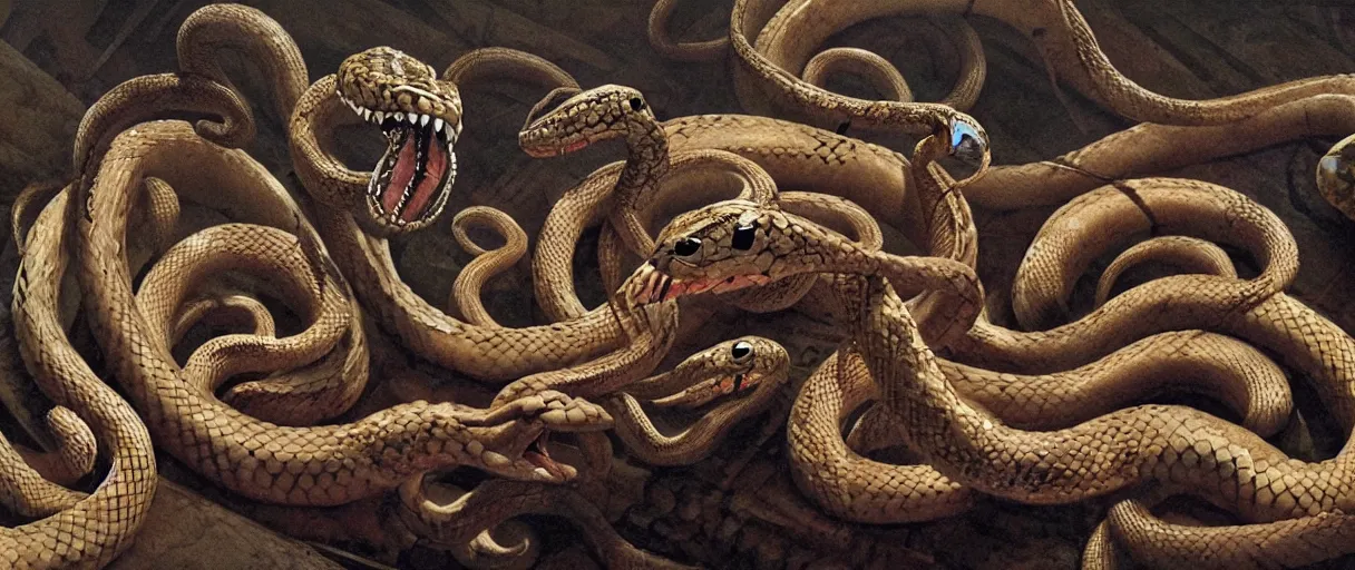 Prompt: Gladiators fighting snakes, high detail, 8k, ornate, masterpiece, complex, haze, film still from the movie directed by Denis Villeneuve with art direction by Pablo Picasso and Greg rutkowski, Alex Gray, close up