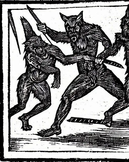 Prompt: woodcut of a lycanthrope being killed by a spear
