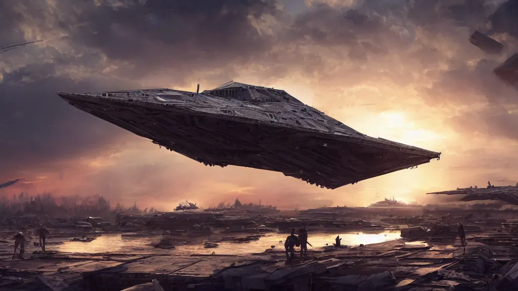 Image similar to a photorealistic hyperrealistic render of a star wars imperial star destroyer landing at a junkyard by greg rutkowski, vitaly bugarov, stephan martiniere, nicolas bouvier sparth, james paick, dramatic moody sunset lighting, long shadows, volumetric, cinematic atmosphere, octane render, artstation, 8 k