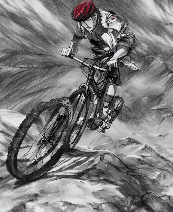 Image similar to an anime drawing of a mountain biker shredding a berm, 4k resolution, detailed, trending on artstation