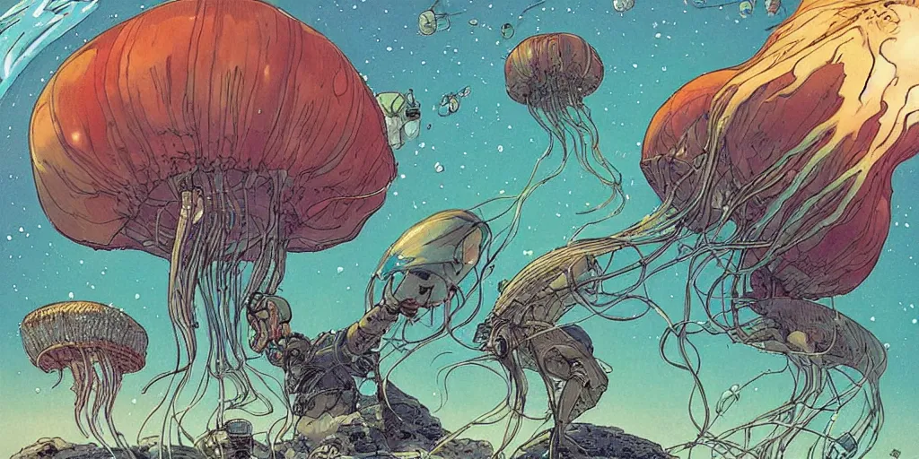 Prompt: giant jellyfish in space by moebius and mohrbacher, incredible sci-fi 1970s,