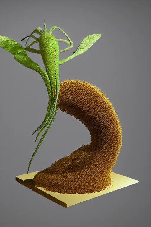 Image similar to ! dream 3 d render by daniel arsham of a long melting solid gold venus fly trap