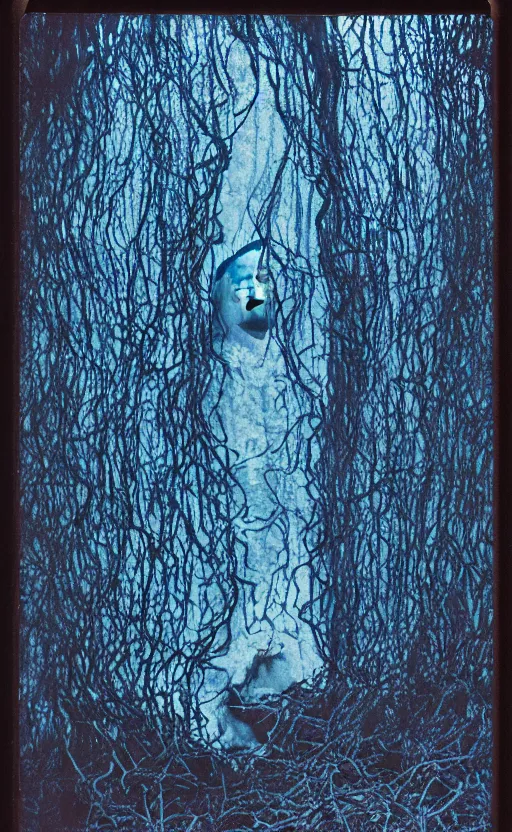 Image similar to blue vines in a dark cave forming a human face, creepy, extreme detail, realistic, polaroid color photo, vintage, stunning 8 k, neutral colors, by gregory crewdson