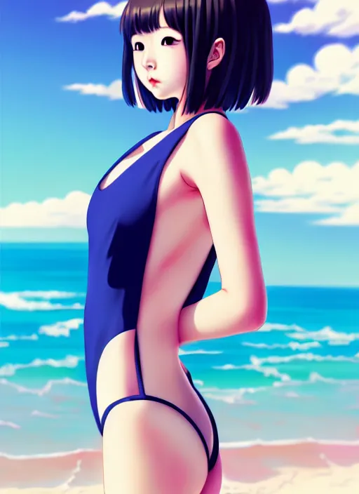 Image similar to ulzzang korean girl wearing one - piece swimsuit portrait, beach background, full body shot, ilya kuvshinov, anime, pixiv top monthly, trending on artstation, cinematic, danbooru, zerochan art, kyoto animation