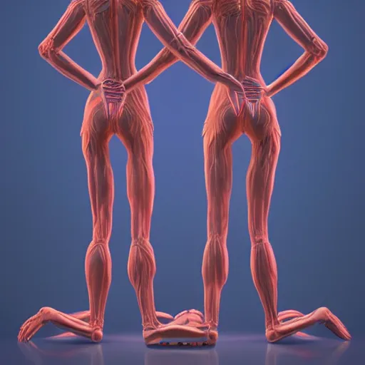 Image similar to Two elegant humanoid creatures leaning against each other with their backs touching, fused at the shoulders, dancing on their pointy limbs. Award-winning digital art, trending on ArtStation