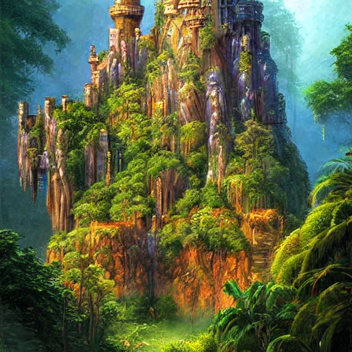 Prompt: rainforest castle on the mountain of magic, artstation, digital art, Darrell K Sweet