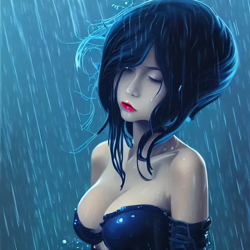 Image similar to beautiful seductive slime - girl, in the rain, highly detailed, painting, dark blue and black color palette, intricate, high quality anime artstyle, in the style of ilya kuvshinov