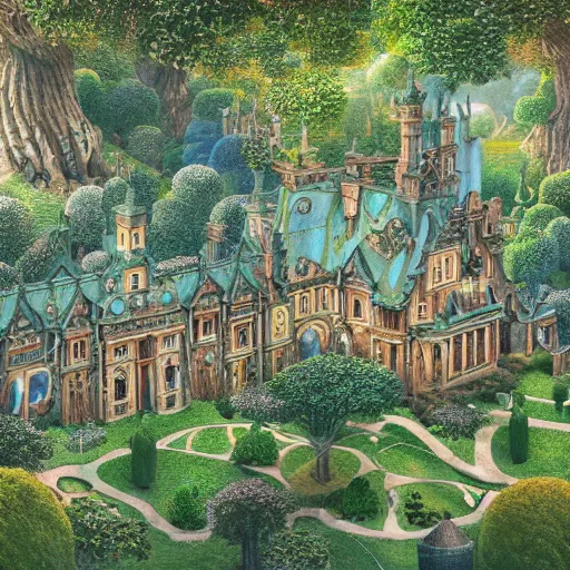 Prompt: a highly detailed strange fantastic magical mansion entangled with detailed oak trees by jacek yerka, matte painting, 8 k resolution, vivid