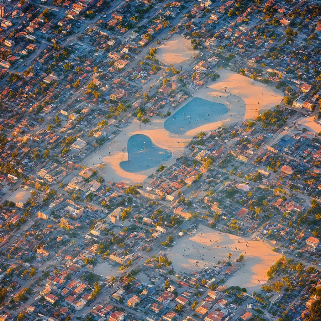 Image similar to “A ariel view photo of the venice beach skate park at sunset, national geographic photo, majestic”