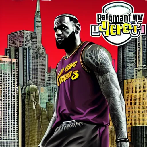 Image similar to lebron james in gta v cover art, art by stephen bliss, matte painting sharp focus