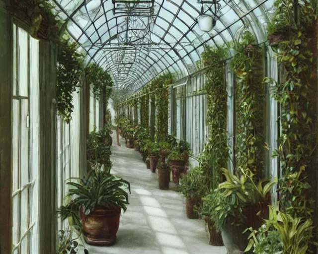 Image similar to Victorian greenhouse corridor decorated with potted plants, hyper-realism