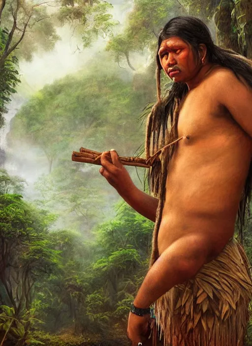 Image similar to a beautiful portrait of an indigenous man taking rapé in the jungle, taking tobacco snuff, fantasy art, matte painting, highly detailed