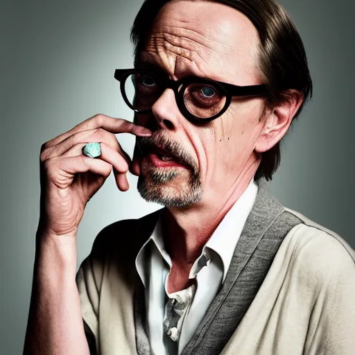 Prompt: 8 5 mm f 1. 8 photograph of steve buscemi wearing hipster glasses, highly detailed, by erwin olaf and anton corbijn, smooth, sharp foccus, commercial photography, fashion shoot