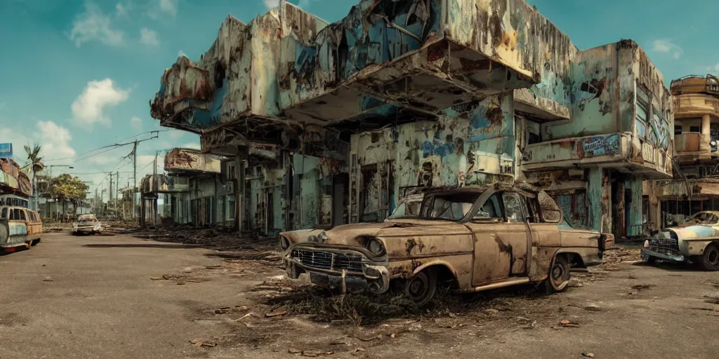 Image similar to wide angle shot of dilapidated fallout 5 tropical coastal city in real life, desolate, dilapidated, empty streets, some rusted retro futuristic vintage styled parked vehicles like cars, buses, trucks, trams, sunny weather, few clouds, volumetric lighting, photorealistic, daytime, spring, sharp focus, ultra detailed, technicolour 1