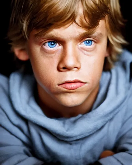 Prompt: very low angle high quality hyper realistic portrait of young mark hamill portraying young luke skywalker, dark dramatic lighting, portrait realistic and insanely detailed, great composition, 8 k