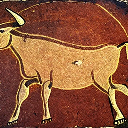 Prompt: minotaur, paleolithic cave painting