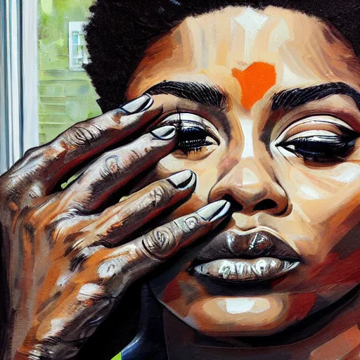 Prompt: by sandra chevrier chestnut, slate grey hyperdetailed. a installation art of a handsome 2 1 savage seated at a window, looking out at the viewer with a serene expression on his face. the light from the window illuminates her features & creates a warm, inviting atmosphere. the essence of beauty & tranquility.