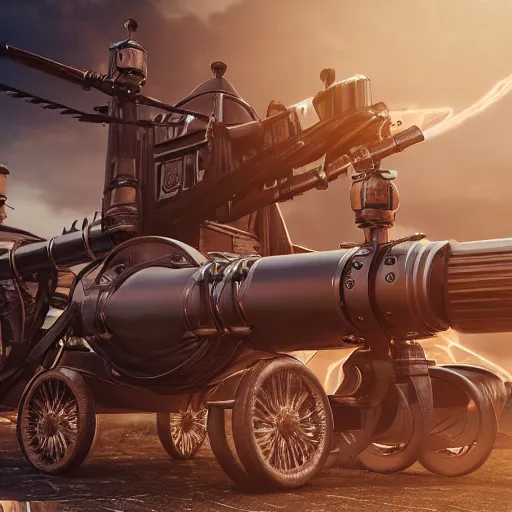 Prompt: steampunk tesla cannon, 3 d render, octane, ray tracing, ultra high detail, photorealistic, high resolution, 8 k