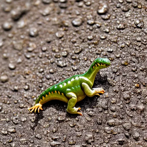 Prompt: a sticky wet dinosaur on a tiny pebble, macrophoto,