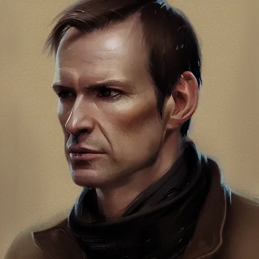 Image similar to Portrait of a man by Greg Rutkowski, he is about 40 years old, mixture between russian and irish, side parted combover brown hair, attractive, NARROW very very very very sharp face ANGULAR hawkish facial features, hooked nose , extremely pale white skin, smart looking, he is wearing a black trenchcoat, highly detailed portrait, scifi, digital painting, artstation, concept art, smooth, sharp foccus ilustration, Artstation HQ