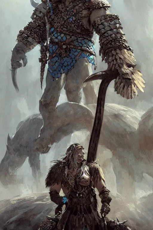 Prompt: a concept art of a warrior, light blue braids, chain mail, leather fur hide armor, a crown of bones of mammoths bones and white dragons bones, mammoth tusks draped over shoulders, holds an axe, concept art in style of Greg Rutkowski, painted by Frank Frazetta, John Singer Sargant