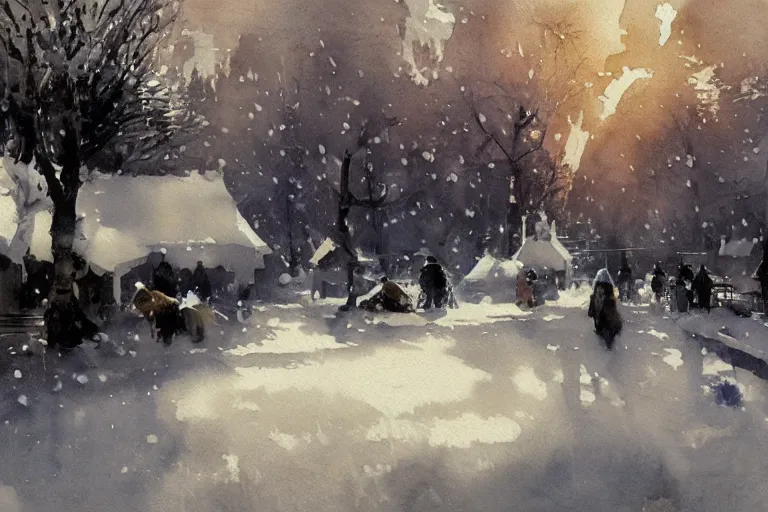 Prompt: abstract watercolor painting of village, magic diamond crystal winter, cinematic light, national romanticism by anders zorn, by greg rutkowski, by greg manchess