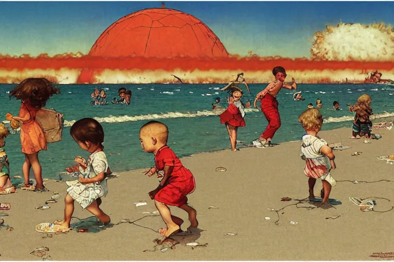 Image similar to children playing at the beach, huge atomic explosion in the background, wide angle shot, oil on canvas by norman rockwell, by mattias adolfsson, by moebius and satoshi kon, hd, 4 k, high quality,