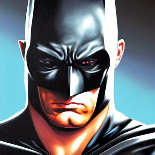 Image similar to An ultra-realistic portrait painting of Batman in the style of Alex Ross. 4K. Ultra-realistic. Extremely detailed. Epic lighting. Award-winning