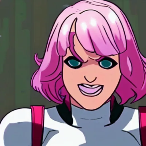 Image similar to A still of Gwenpool in Deadpool 3 (2023), blonde hair with pink highlights, no mask, white and light-pink outfit, smiling and winking at the camera, comics accurate design