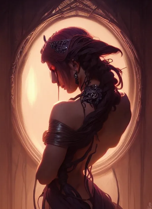 Image similar to Necromancer Sorceress, fantasy magic, undercut hairstyle, dark light night, intricate, elegant, sharp focus, illustration, highly detailed, digital painting, concept art, matte, art by WLOP and Artgerm and Greg Rutkowski and Alphonse Mucha, masterpiece