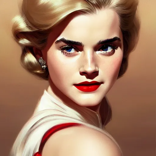 Image similar to A combination of Grace Kelly's and Emma Watson's faces with blonde hair and red lipstick, western, D&D, fantasy, intricate, elegant, highly detailed, digital painting, artstation, concept art, matte, sharp focus, illustration, art by Artgerm and Greg Rutkowski and Alphonse Mucha