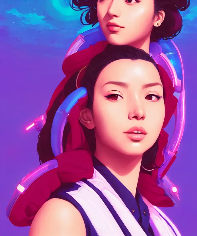 Image similar to beautiful portrait of sana from twice as a sci fi woman, with vaporwave aesthetic by artgerm, yuumei, makoto shinkai, concept art by james gilleard, artstation, cgsociety, synchromism, 8 0 s animation flat cell shaded. with thick black pencil lines!!!!