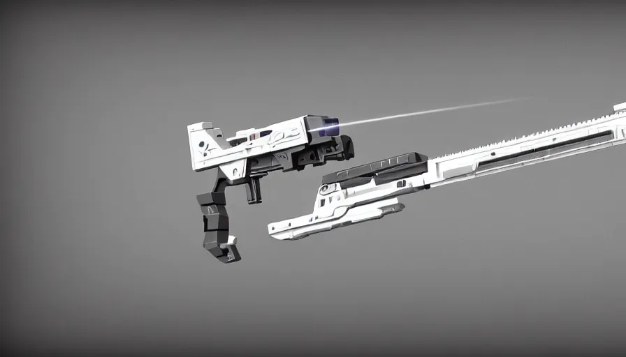 Image similar to extremely detailed realistic side view of a sci fi laser lmg, detailed trigger, chemically propelled, battery powered, smooth streamline, battery and wires, railgun, chemrail, gauss, elegant sleek smooth body, white paint, smooth utopian design, ultra high quality, minimalist, octane, cod, destiny, warframe, terminator