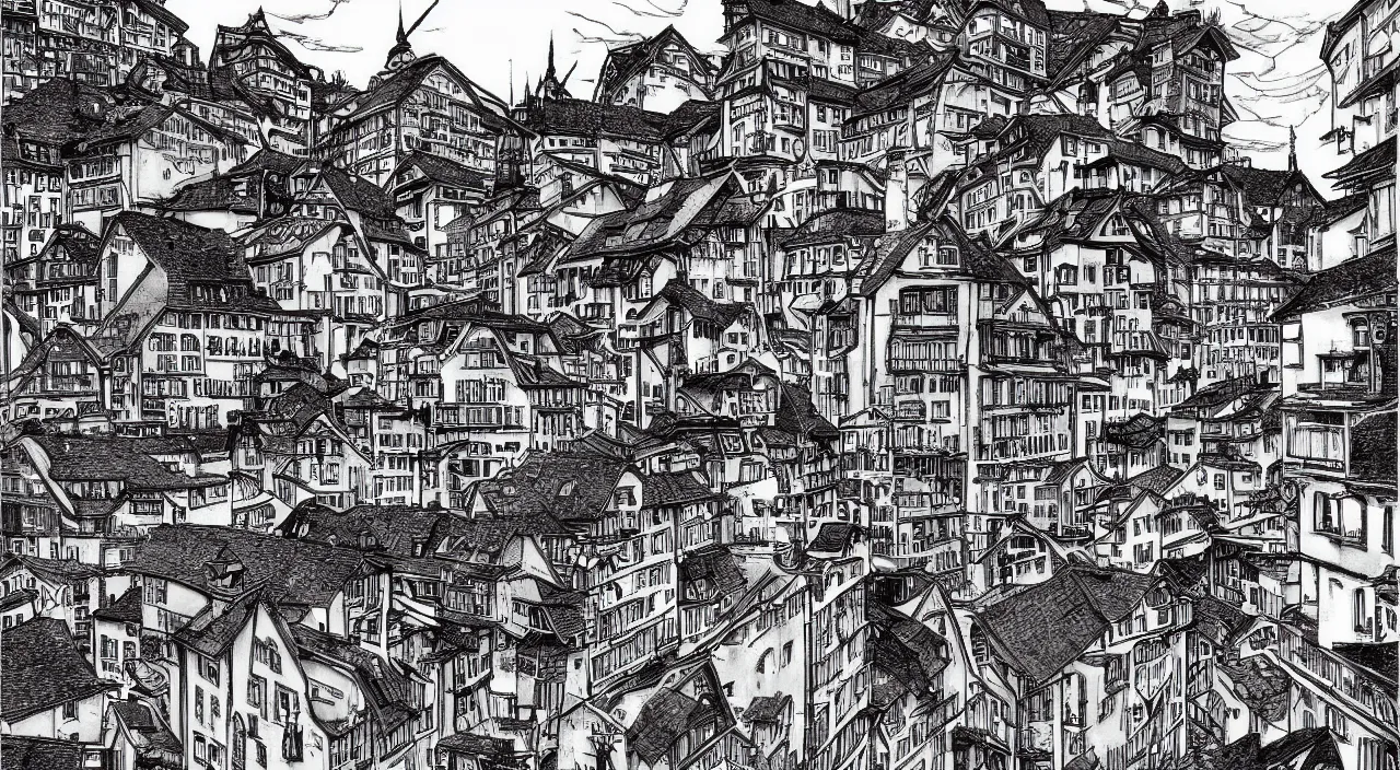 Prompt: lucerne streets by junji ito, trending on artstation