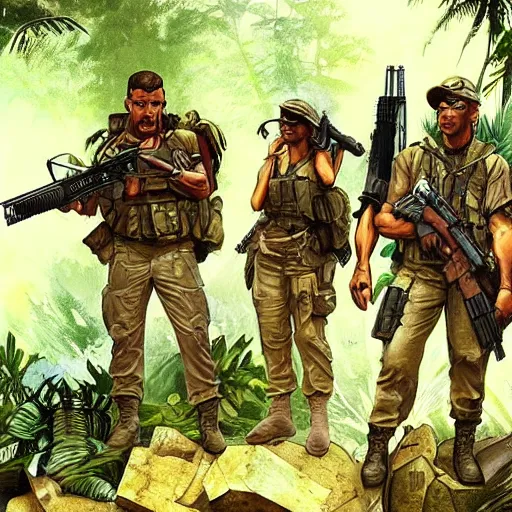 Image similar to american commandos patrolling south american jungle, in the style of artgerm and greg rutkowski and alphonse mucha