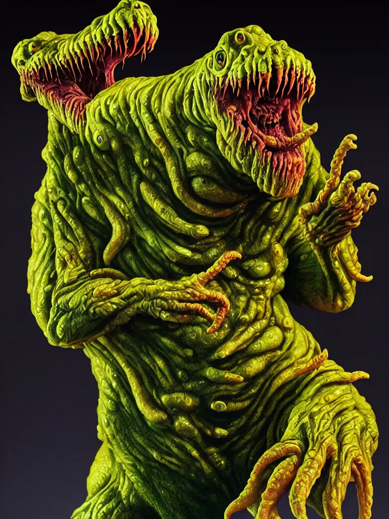 Image similar to hyperrealistic rendering, fat smooth wet cronenberg flesh monster smooth kaiju by art of skinner and richard corben and jeff easley, product photography, action figure, sofubi, studio lighting, colored gels, skulls and ribcages