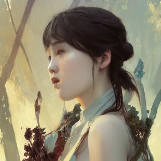 Image similar to IU, Lee Ji-Eun, very detailed, digital art, concept art, studio quality, ethereal, art style by Greg Rutkowski and Alphonse Mucha