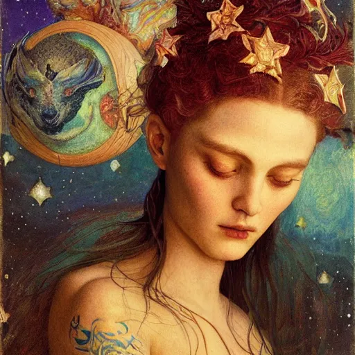 Image similar to queen of the moon with stars in her hair, by annie swynnerton and tino rodriguez and nicholas roerich and jean delville and donato giancola and tom bagshaw, dramatic lighting, floral tattoos, rich colors, smooth sharp focus, extremely detailed, adolf wolfli