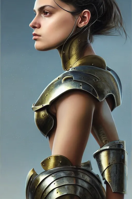 Image similar to a photorealistic painting of an attractive young girl, partially clothed in thick metal-plated battle armor, olive skin, long dark hair, beautiful bone structure, symmetric facial features, perfect eyes, intricate, elegant, natural posture, digital painting, concept art, finely detailed, illustration, sharp focus, minimal artifacts, from Metal Gear, by Greg Rutkowski, in the style of Ruan Jia and Mandy Jurgens and Artgerm and William-Adolphe Bouguerea, trending on Artstation, award winning