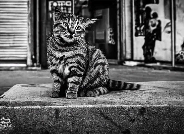 Image similar to photography of a Cat sitting on a box. in a cyberpunk street, award winning photo, 100mm, sharp, high res