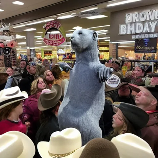 Prompt: local news roadside interview, an 8 foot tall prairie dog human cryptid creature wearing a white cowboy hat standing in the middle of a huge crowd inside a black friday sale in a busy store