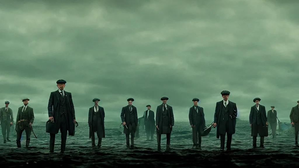 Image similar to the peaky blinders made of fish coming out of the ocean film still from the movie directed by denis villeneuve with art direction by zdzis