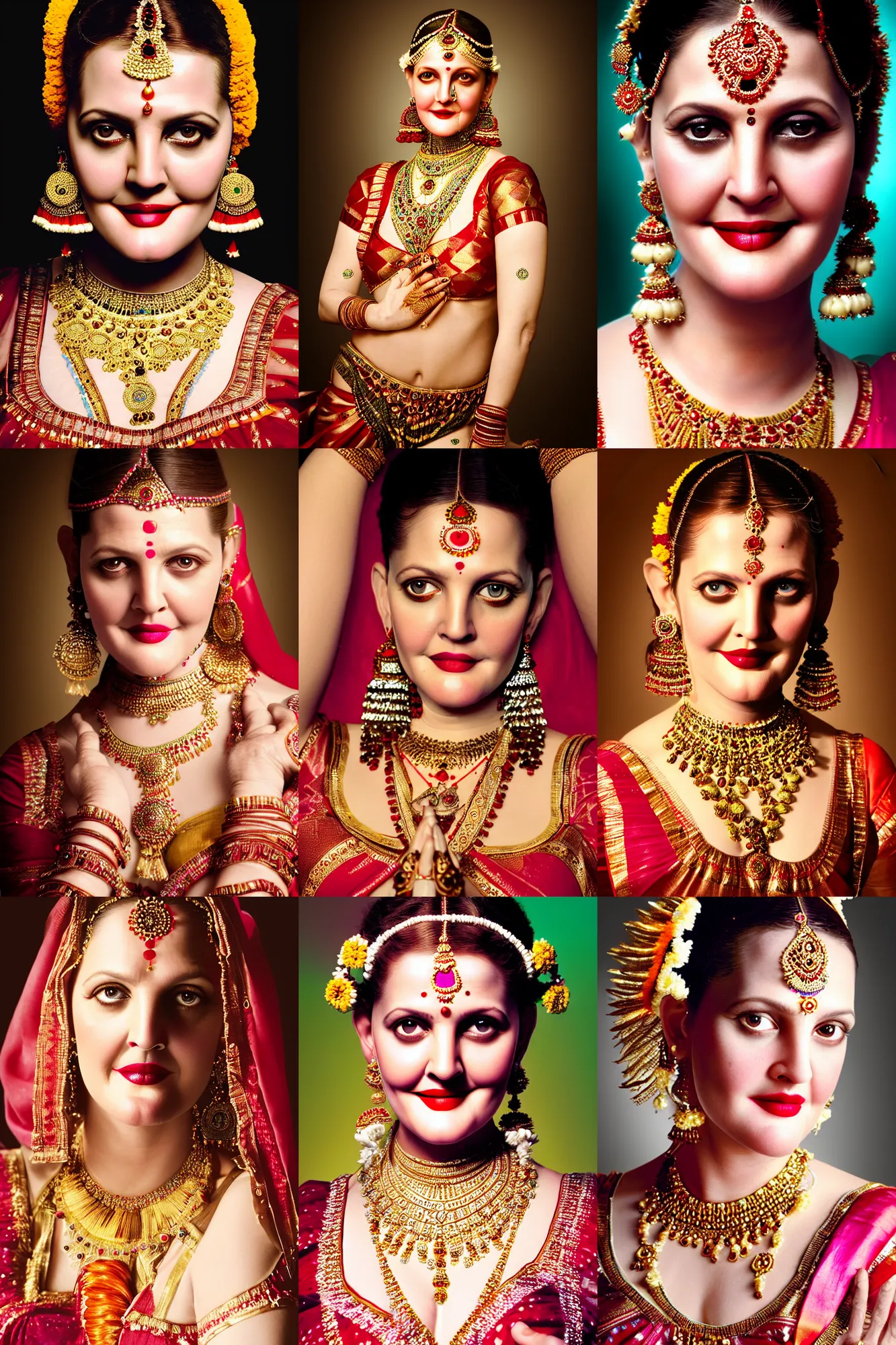 Prompt: portrait photo of drew barrymore as an indian classical dancer, retouched, soft lighting, realistic, catchlight on the eyes!, smooth face, perfection!, sharp focus, 8 k, bionic techno implants on forehead, ultra detailed, elegant art by natalie shau, artgerm and grek rutkowski, 8 5 mm lens