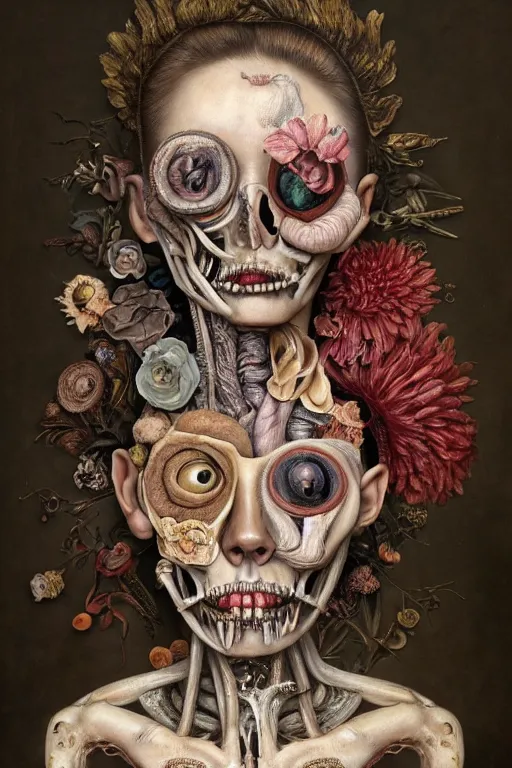 Prompt: Detailed maximalist portrait with large lips and eyes, scared expression, botanical anatomy, skeletal with extra flesh, HD mixed media, 3D collage, highly detailed and intricate, surreal illustration in the style of Jenny Saville and mark ryden, dark art, baroque, centred in image
